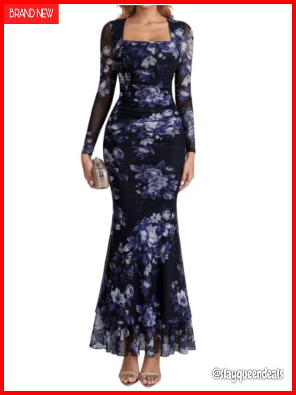 Square Neck Long Sleeve Mermaid Maxi Dress Mesh Formal Wedding Guest